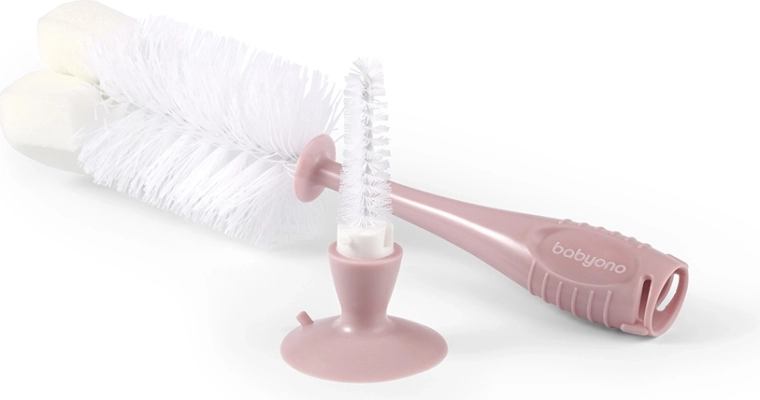Babyono brush for baby bottles and teats with suction cup, pink