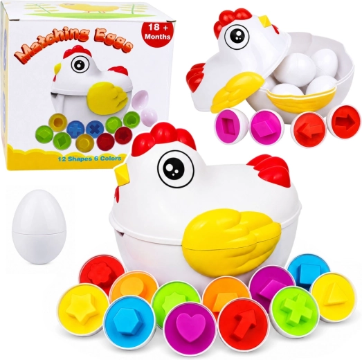 Educational hen with 12 opening eggs – shapes and colors sorter