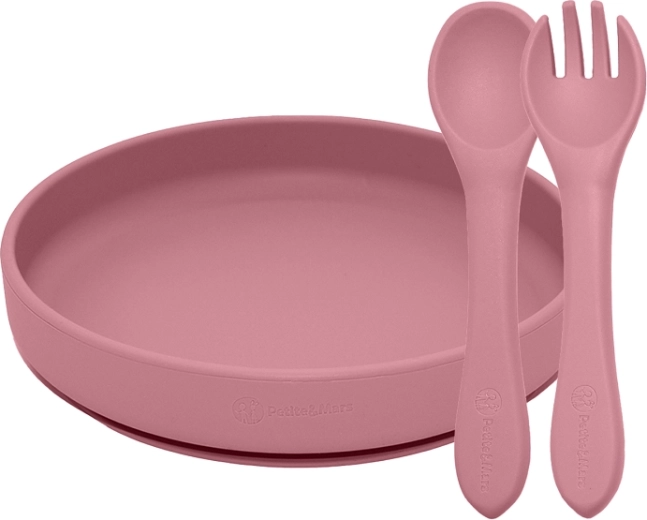 Petite&Mars Take&Match Silicone Feeding Set – Suction Plate and Cutlery, Dusty Rose (6m+)
