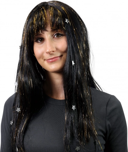 Wig with black hair decorated with golden stripes and stars