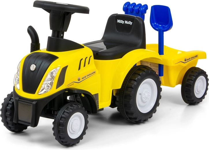 Milly Mally bērnu stumjamais traktors New Holland T7 ar paceļamu piekabi, dzeltens