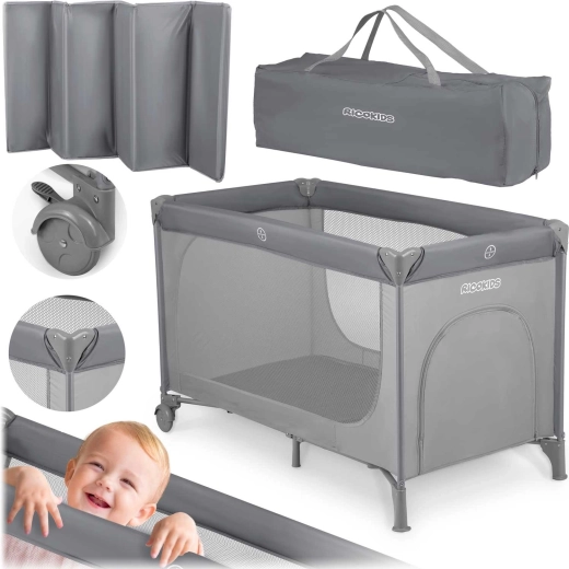 Pelēka ceļojumu gultiņa ar matraci un transportēšanas somu 125 × 65 × 78 cm