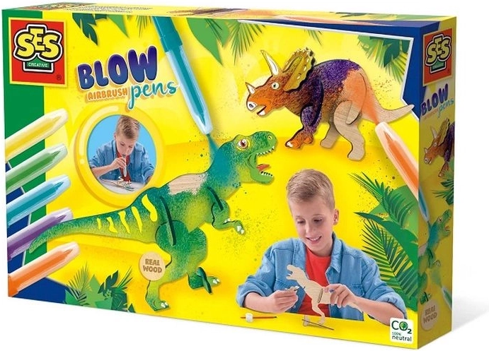 SES Creative pūšamie flomāsteri ar airbrush efektu – dinozauri