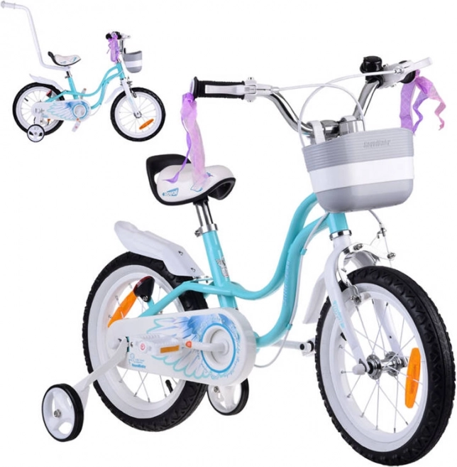 Bērnu velosipēds 14" Little Swan ar groziņu un palīgriteņiem ROYALBABY – Tirkīza