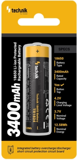 Uzlādējams Li‑Ion akumulators 18650 3400 mAh 3,7 V ar aizsardzību Technik