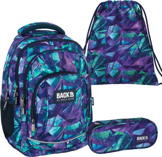 Skolas komplekts BackUP Crystal 3in1 (mugursoma, penālis-etui un maisiņš apaviem)