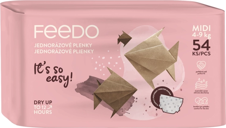 FEEDO vienreizlietojamās autiņbiksītes midi 3 (4–9 kg) 216 gab. – mēneša iepakojums