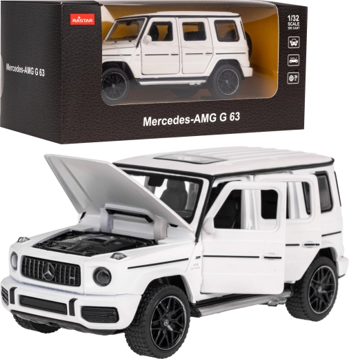 Auto modeļa Mercedes‑AMG G 63 1:32 Rastar ar metāla virsbūvi un atveramiem elementiem – Balta
