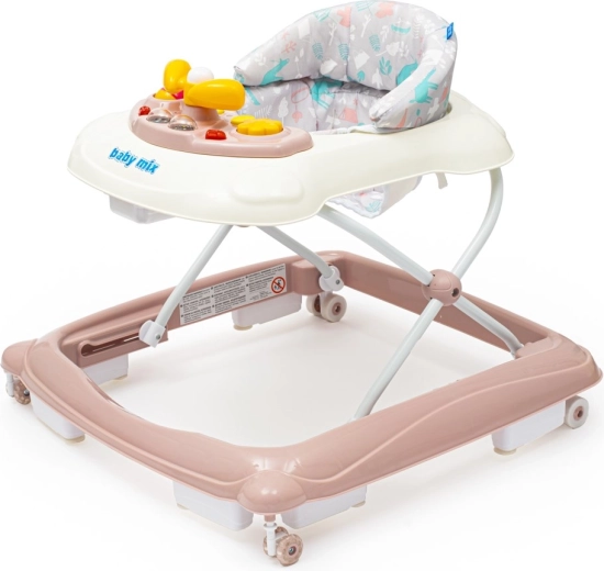 BABY MIX baby walker with steering wheel and silicone wheels – pink