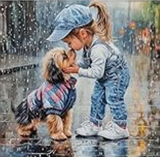 Diamond Painting – Girl with Dog in the Rain 30 × 40 cm