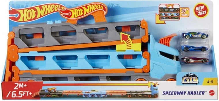 Hot Wheels sacīkšu transportieris 2-in-1 ar 1,8 m trasi un vietu 20 mašīnītēm