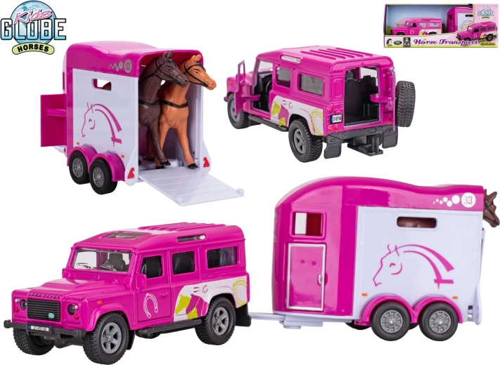 Kids Globe Land Rover ar piekabi zirgiem – rozā metāla modelis ar atvilkšanas mehānismu