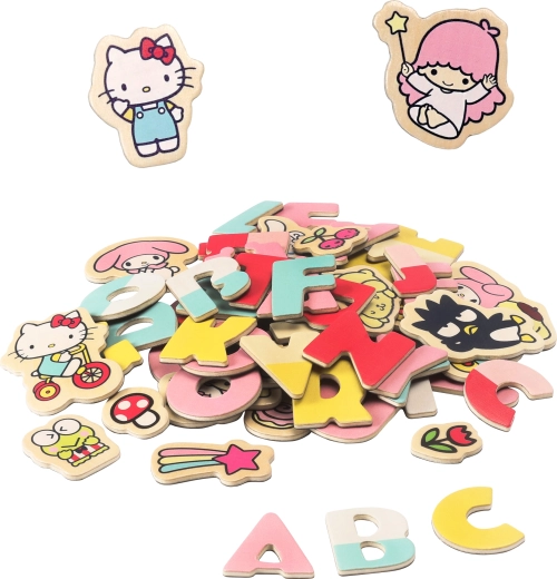 Hello Kitty magnētiskie burti un attēli – izglītojošs koka komplekts bērniem (75 gab.)