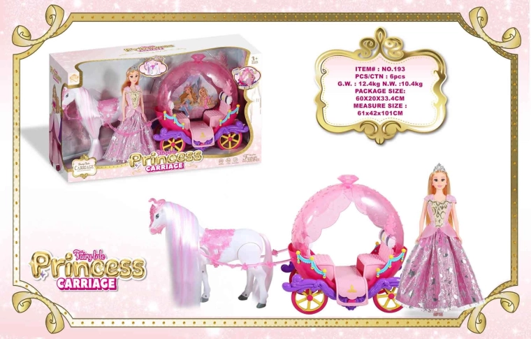 Rozā kariete ar baltu zirgu un princeses lelli