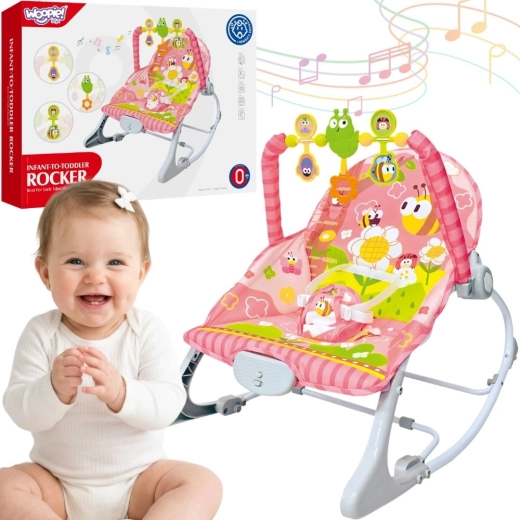 Woopie Baby rozā vibrējošs bērnu šūpuļkrēsliņš ar rotaļlietu loku