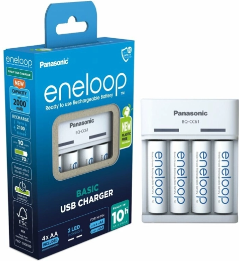 Panasonic Eneloop EKO USB lādētājs BQ-CC61 + AA uzlādējamās baterijas 2000 mAh (4 gab.)