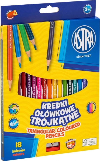 Astra trīsstūrveida krāsainie zīmuļi 18 gab. ar asināmo