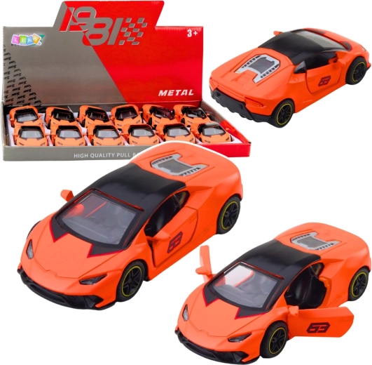 Metāla sporta auto 1:43 ar uzvelkamu pull-back piedziņu, oranžs