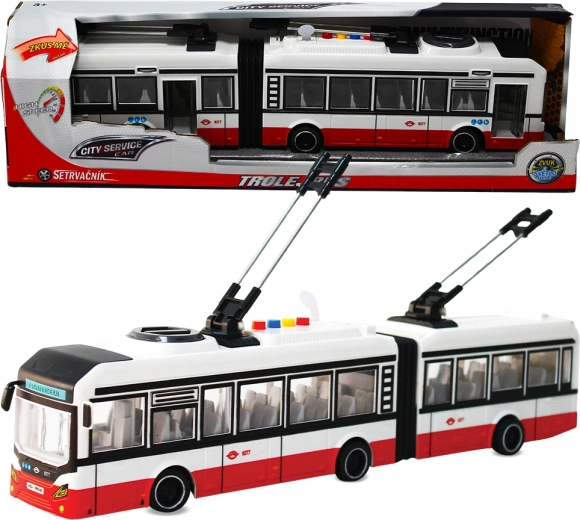 Pilsētas šarnīra trolejbuss 1:16 ar inerces mehānismu un skaņām – sarkans