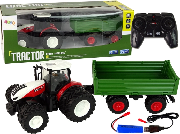 Tālvadības traktors ar piekabi 1:24 sarkans un zaļš