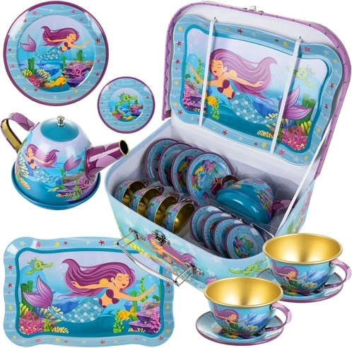 Children's tea set with mermaid in a metal suitcase