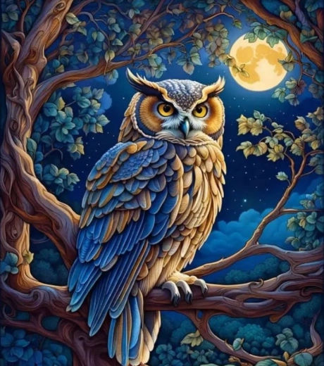Dimanta gleznošana – pūce pilnmēness laikā 30 × 40 cm