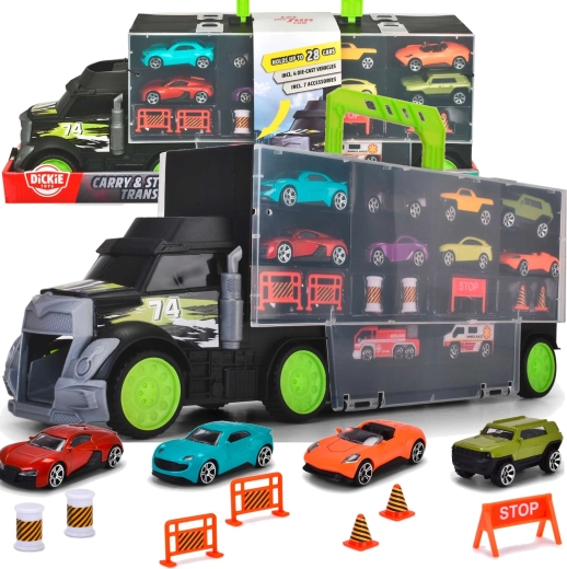 Dickie Toys automašīnu pārvadātājs un koferītis ar rotaļu automašīnām un ceļu piederumiem