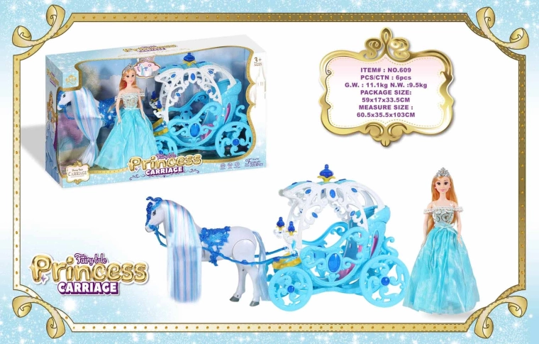 Zils kariete ar baltu zirgu un princeses lelli