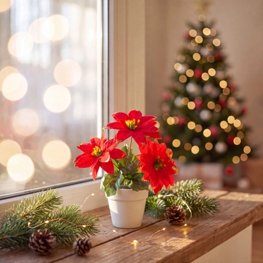 Red Christmas star in a flower pot, 18 cm