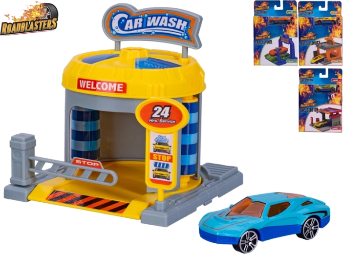 Roadblasters autoserviss ar auto – spēļu komplekts bērniem 1:64
