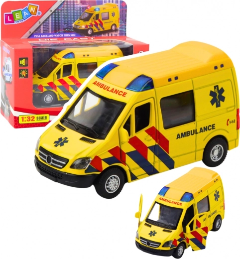 Metāla ātrās palīdzības auto 1:32 ar pull-back piedziņu, gaismām un skaņām – dzeltens