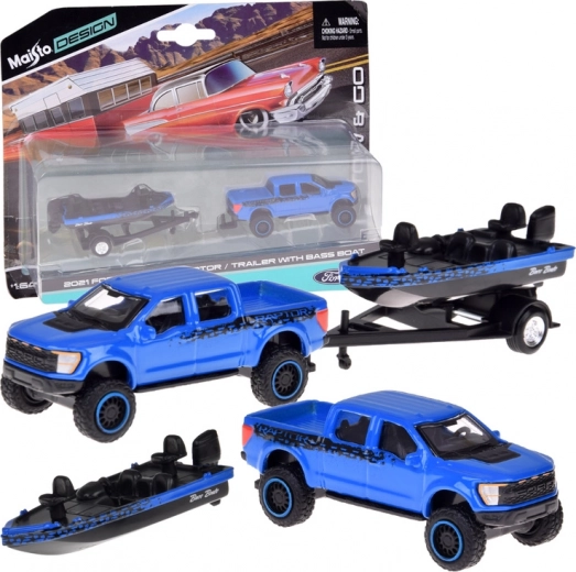 Maisto die-cast model 1:64 – Ford F-150 SVT Raptor with boat on trailer
