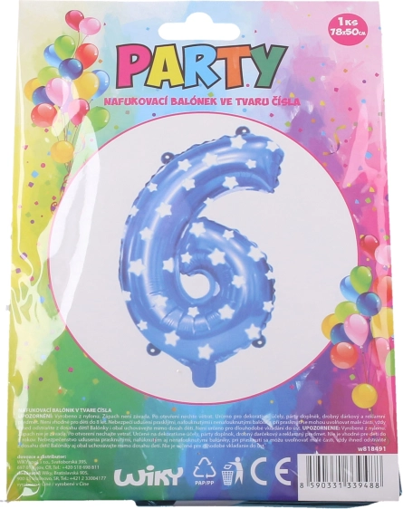 Piepūšams balons cipara 6 formā, zils ar zvaigznītēm, 78 × 50 cm