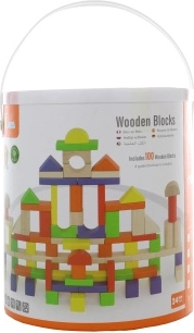 Wooden Building Set with 100 Blocks in a Bucket