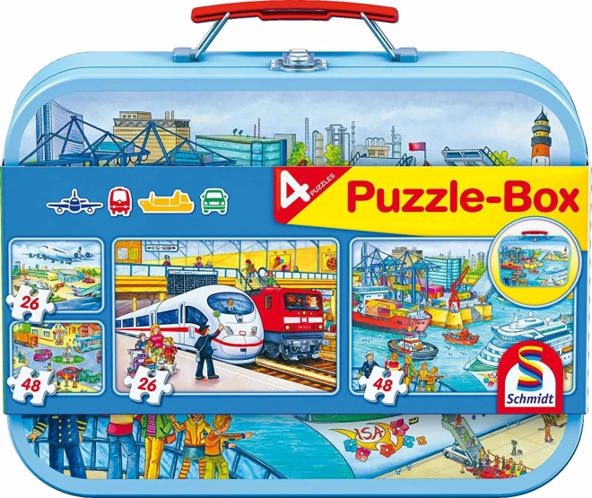 Transports – 4 vienā puzle skārda koferītī