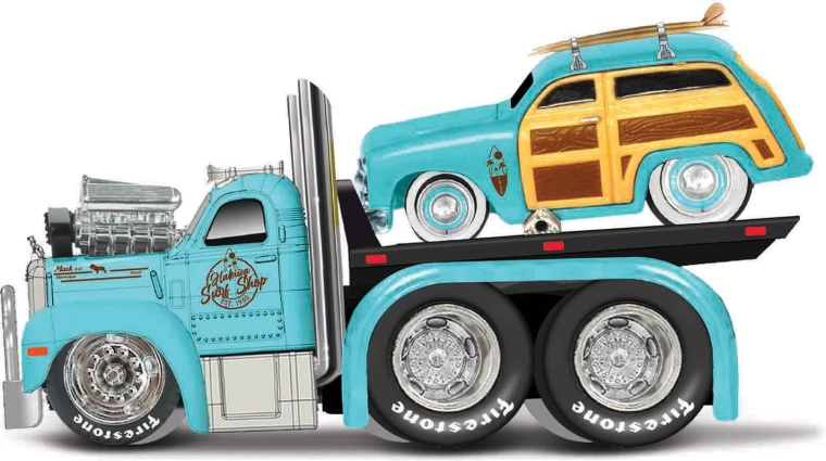 Maisto Muscle Transports 1953 Mack B-61 platforma ar 1950 Ford Woody 1:64