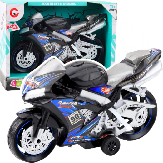 Black-blue racing motorcycle with light and sound effects