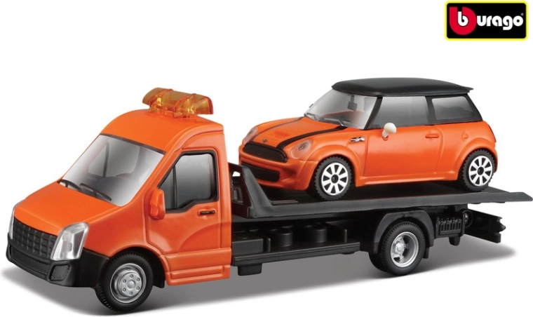 Transportēšanas kravas auto ar platformu un MINI COOPER S 1:43 no Bburago Street Fire