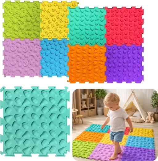 Sensorais puzles paklājiņš – krāsainas teksturētas flīzes 24,5 cm, komplekts 10 gab.
