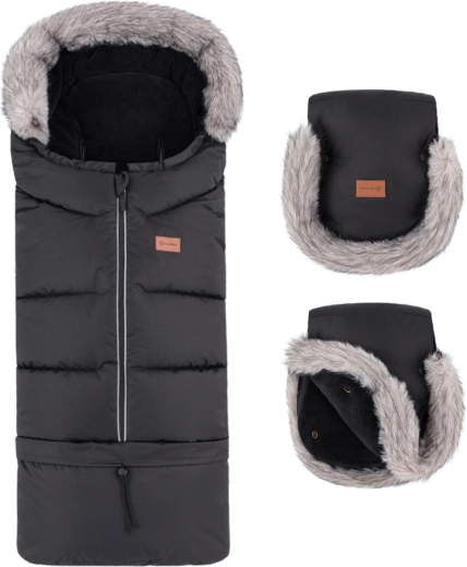 Petite&Mars ziemas komplekts: kāju pārsegs (footmuff) Arctic 4v1 + ratiņu cimdi Furry forever black