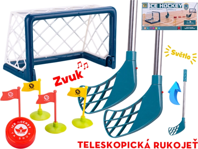 Bērnu hokeja komplekts ar vārtiem, teleskopiskām hokeja nūjām un gaismas efektiem