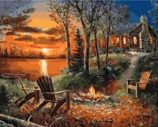 Norimpex Paint by Numbers House with Fireplace at Sunset 40 × 50 cm