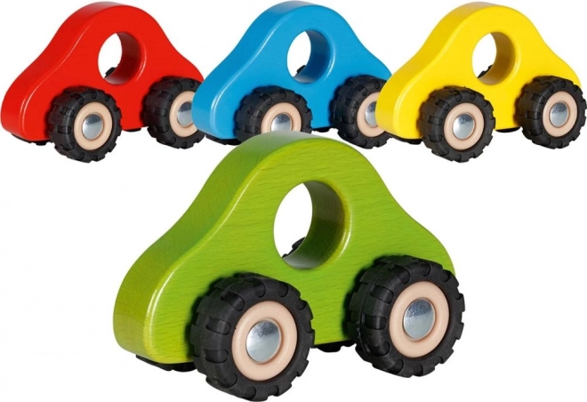 Wooden handheld toy car with rubber wheels