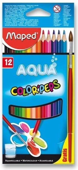 Trīsstūrveida krāsainie zīmuļi Maped Aqua Color'Peps 12 gab. ar otu
