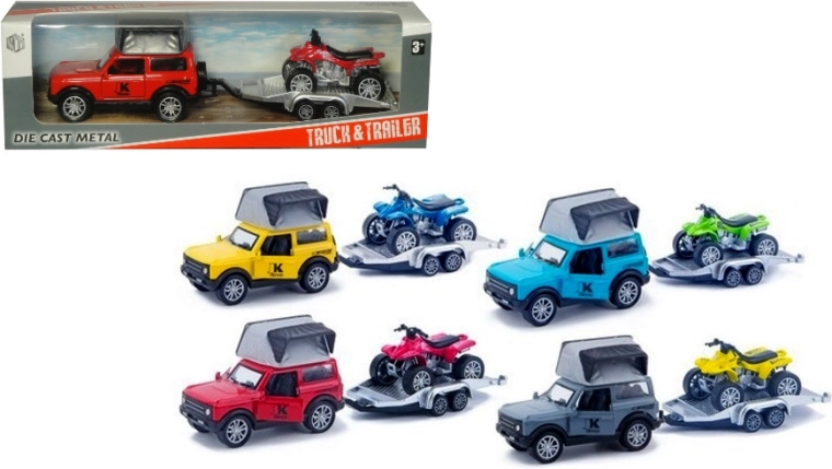 Metal off-road car with trailer and quad bike