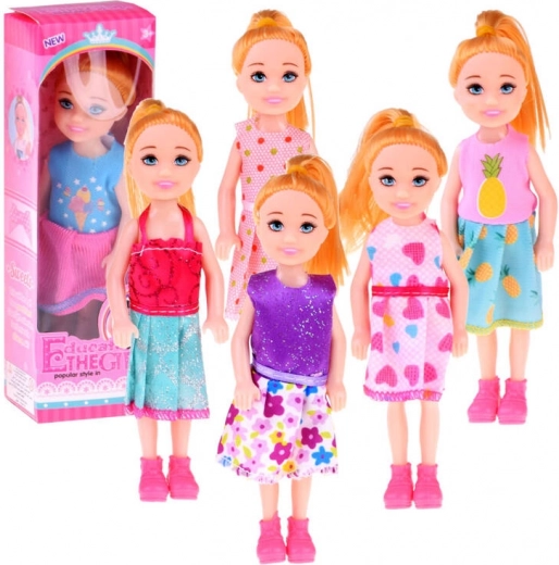 Mini lelle 13 cm krāsainā kleitiņā