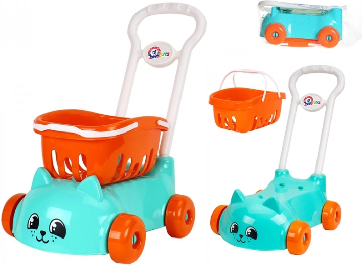 Children's turquoise shopping cart with cat motif and removable basket