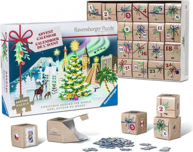 Adventa kalendārs ar puzlēm RAVENSBURGER – Ziemassvētki visā pasaulē, 24×54 gabaliņi