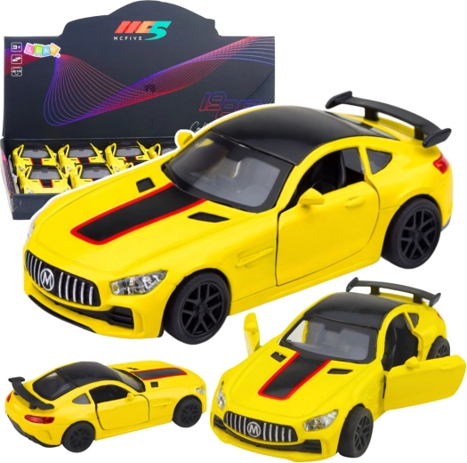 Metāla sporta auto modelis 1:32 ar gaismām un skaņām – dzeltens ar atveramām durvīm