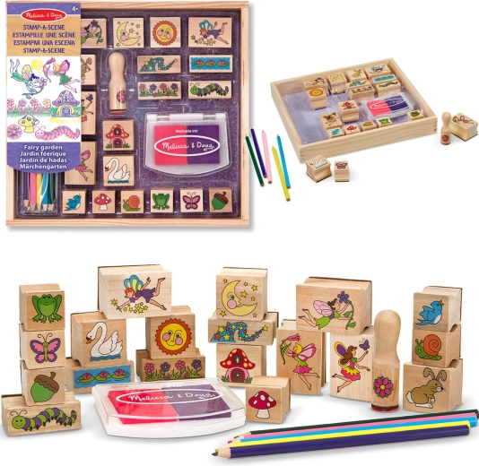 Melissa & Doug radošais komplekts koka zīmogi “Feju dārzs” (20 motīvi, tinte un krītiņi)